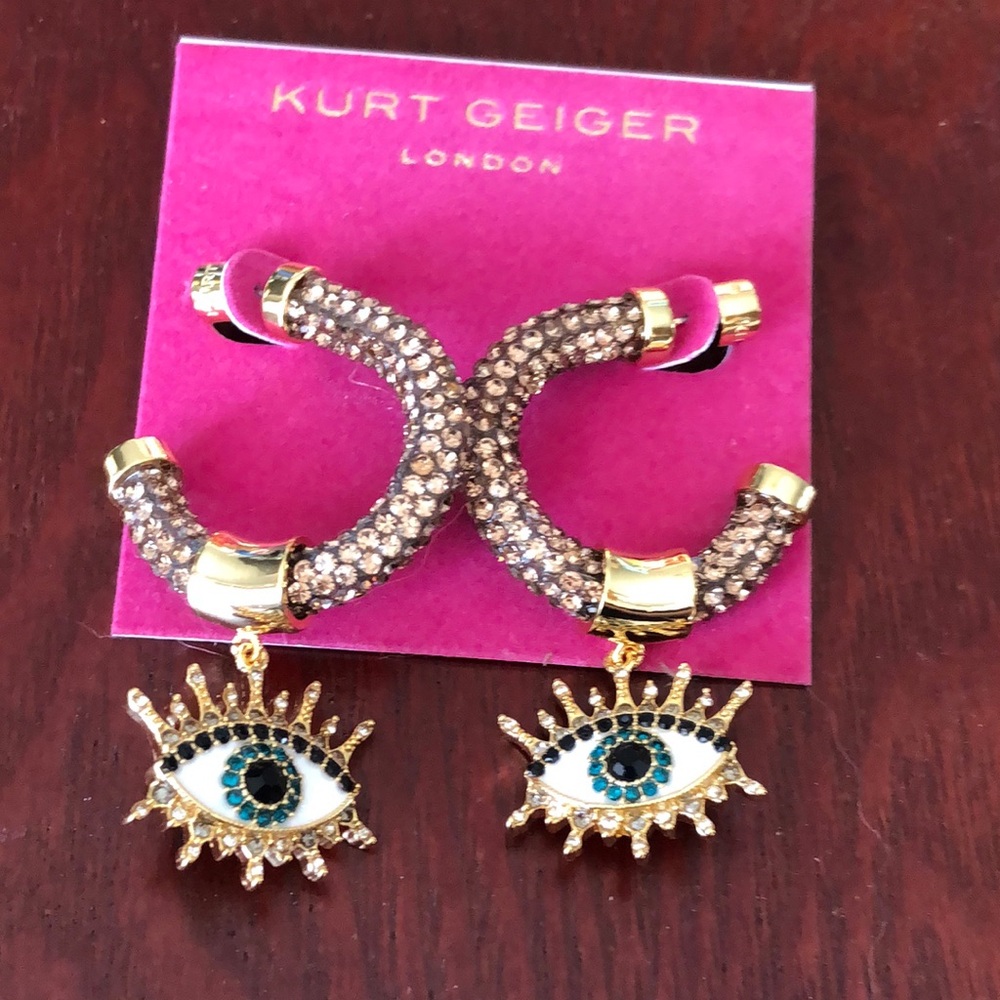Kurt Geiger Gold Tone & Brown Pave Crystal C-Hoop Earrings Evil Eye Charm NWT